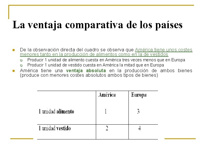 La ventaja comparativa de los países n De la observación directa del cuadro se