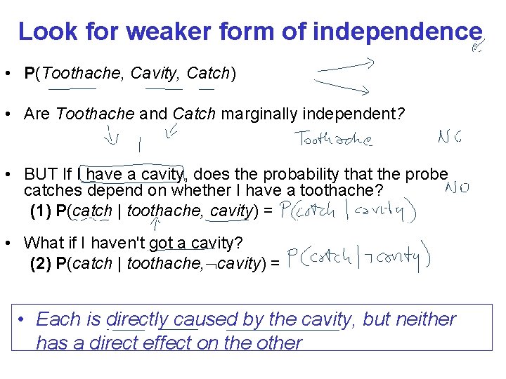 Look for weaker form of independence • P(Toothache, Cavity, Catch) • Are Toothache and