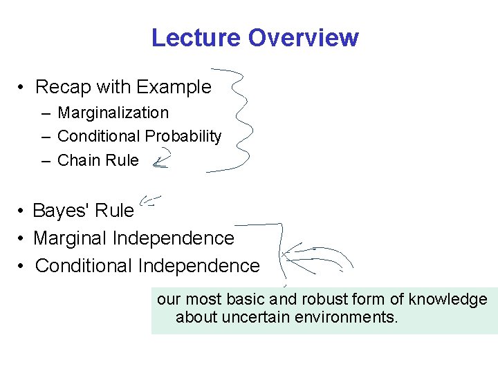 Lecture Overview • Recap with Example – Marginalization – Conditional Probability – Chain Rule
