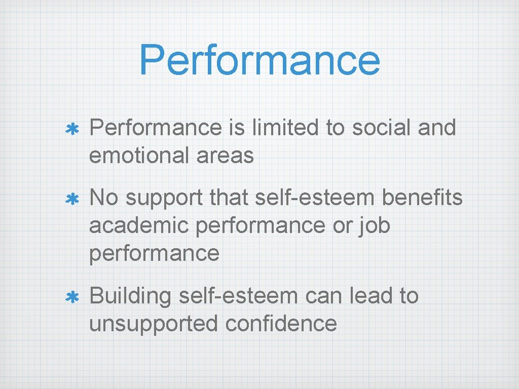 Performance is limited to social and emotional areas No support that self-esteem benefits academic