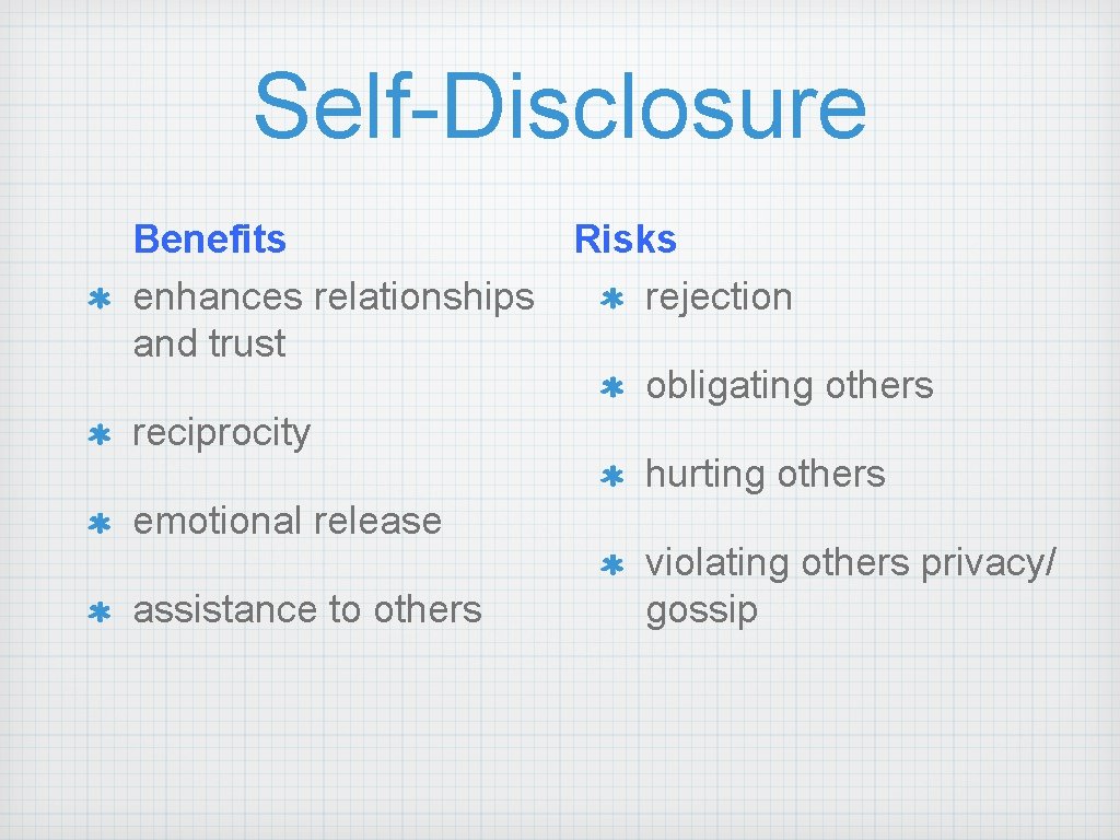 Self-Disclosure Benefits Risks enhances relationships rejection and trust obligating others reciprocity hurting others emotional