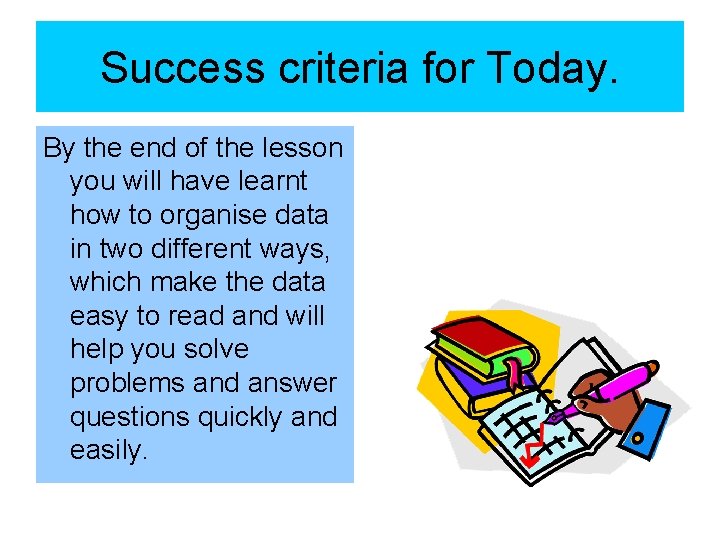 Success criteria for Today. By the end of the lesson you will have learnt