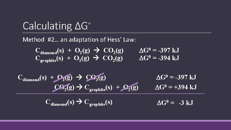 Calculating ΔG◦ Method #2… an adaptation of Hess’ Law: Cdiamond(s) + O 2(g) CO Calculating ΔG◦ Method #2… an adaptation of Hess’ Law: Cdiamond(s) + O 2(g) CO