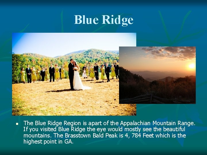 Blue Ridge n The Blue Ridge Region is apart of the Appalachian Mountain Range.