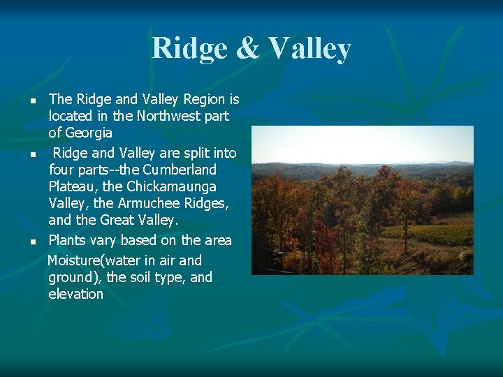 Ridge & Valley n n n The Ridge and Valley Region is located in