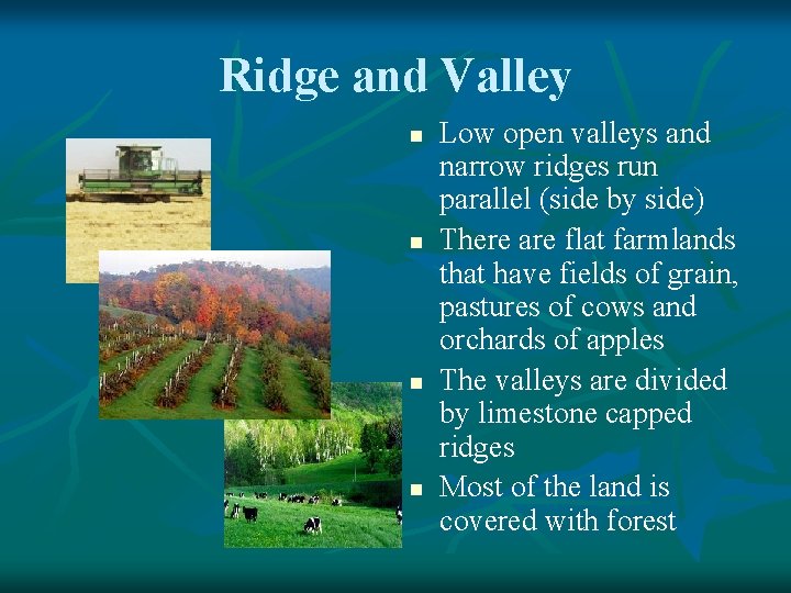 Ridge and Valley n n Low open valleys and narrow ridges run parallel (side