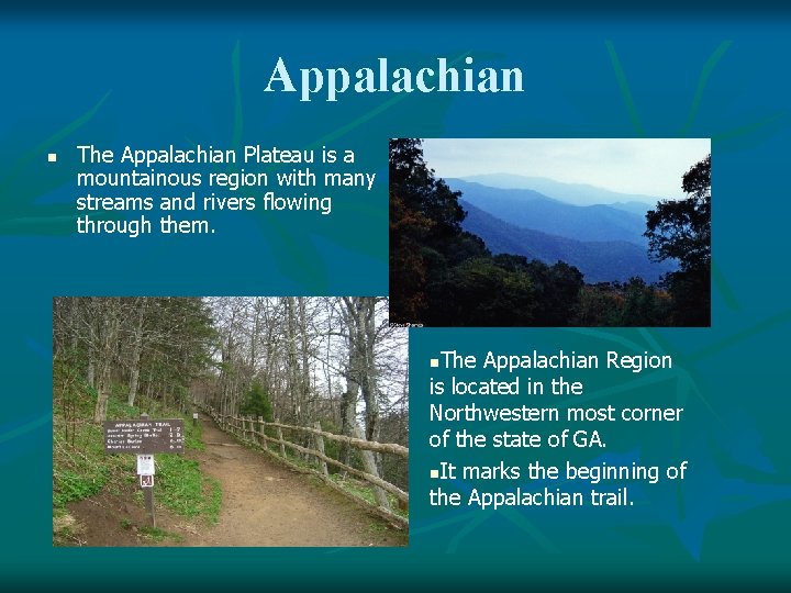 Appalachian n The Appalachian Plateau is a mountainous region with many streams and rivers