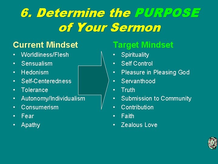 6. Determine the PURPOSE of Your Sermon Current Mindset Target Mindset • • •