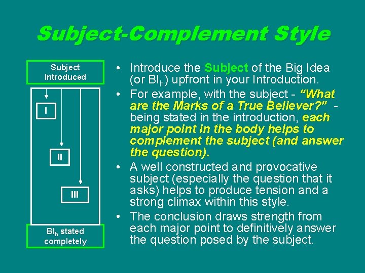 Subject-Complement Style Subject Introduced I II III BIh stated completely • Introduce the Subject Subject-Complement Style Subject Introduced I II III BIh stated completely • Introduce the Subject