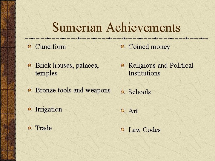 Sumerian Achievements Cuneiform Coined money Brick houses, palaces, temples Religious and Political Institutions Bronze