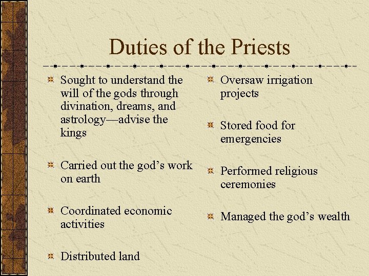 Duties of the Priests Sought to understand the will of the gods through divination,