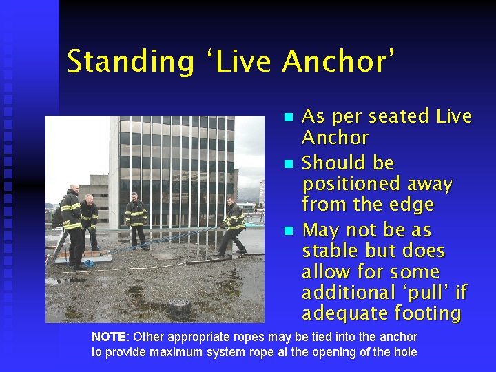 Standing ‘Live Anchor’ n n n As per seated Live Anchor Should be positioned