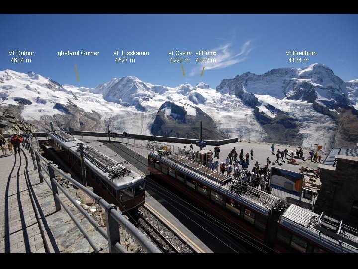 Vf. Dufour 4634 m ghetarul Gorner vf. Lisskamm 4527 m vf. Castor vf. Polux Vf. Dufour 4634 m ghetarul Gorner vf. Lisskamm 4527 m vf. Castor vf. Polux