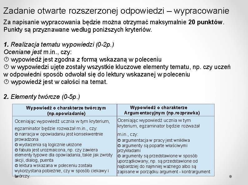 Zadanie otwarte rozszerzonej odpowiedzi – wypracowanie Za napisanie wypracowania będzie można otrzymać maksymalnie 20