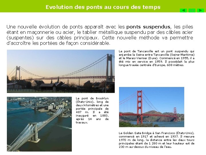 Evolution des ponts au cours des temps FIN Une nouvelle évolution de ponts apparaît