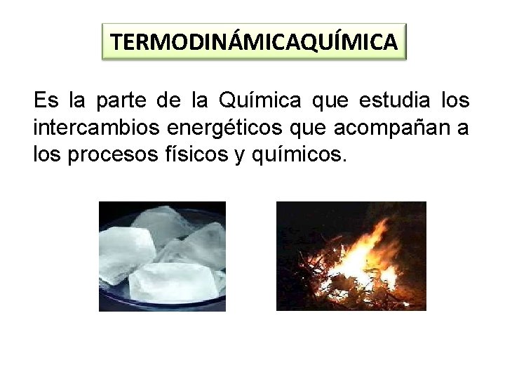 TERMODINÁMICAQUÍMICA Es la parte de la Química que estudia los intercambios energéticos que acompañan TERMODINÁMICAQUÍMICA Es la parte de la Química que estudia los intercambios energéticos que acompañan