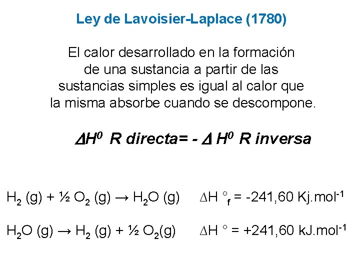 Ley de Lavoisier-Laplace (1780) El calor desarrollado en la formación de una sustancia a Ley de Lavoisier-Laplace (1780) El calor desarrollado en la formación de una sustancia a