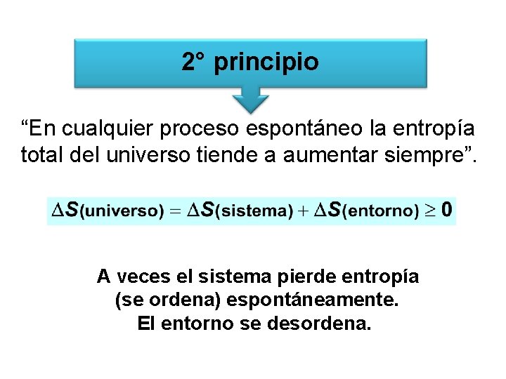 2° principio “En cualquier proceso espontáneo la entropía total del universo tiende a aumentar 2° principio “En cualquier proceso espontáneo la entropía total del universo tiende a aumentar