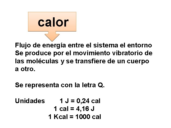 calor Flujo de energía entre el sistema el entorno Se produce por el movimiento calor Flujo de energía entre el sistema el entorno Se produce por el movimiento