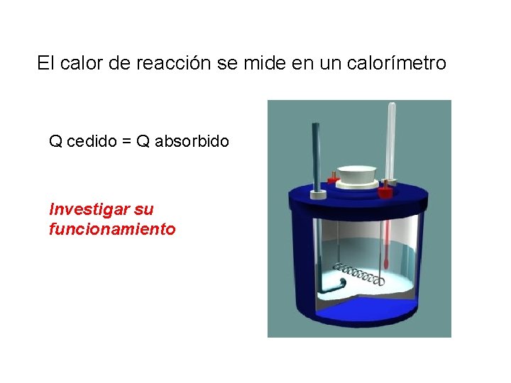 El calor de reacción se mide en un calorímetro Q cedido = Q absorbido El calor de reacción se mide en un calorímetro Q cedido = Q absorbido