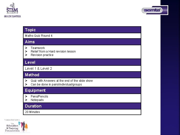 Topic Maths Quiz Round 4 Aims Ø Ø Ø Teamwork Relief from a Hard Topic Maths Quiz Round 4 Aims Ø Ø Ø Teamwork Relief from a Hard