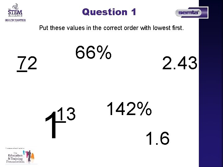 Question 1 Put these values in the correct order with lowest first. 66% 72 Question 1 Put these values in the correct order with lowest first. 66% 72