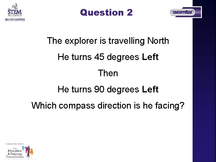 Question 2 The explorer is travelling North He turns 45 degrees Left Then He Question 2 The explorer is travelling North He turns 45 degrees Left Then He