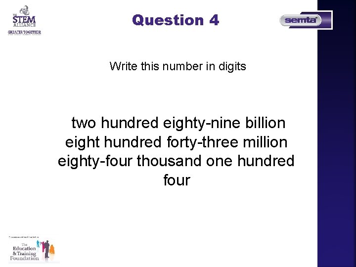 Question 4 Write this number in digits two hundred eighty-nine billion eight hundred forty-three Question 4 Write this number in digits two hundred eighty-nine billion eight hundred forty-three