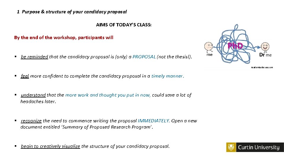 1 Purpose & structure of your candidacy proposal AIMS OF TODAY’S CLASS: By the