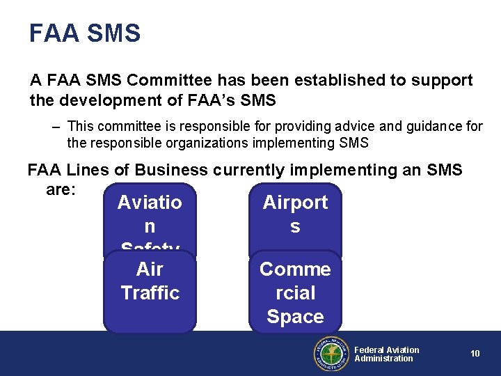 FAA SMS A FAA SMS Committee has been established to support the development of