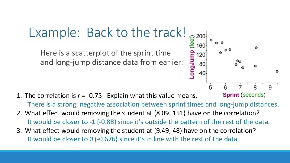 Example: Back to the track! Here is a scatterplot of the sprint time and