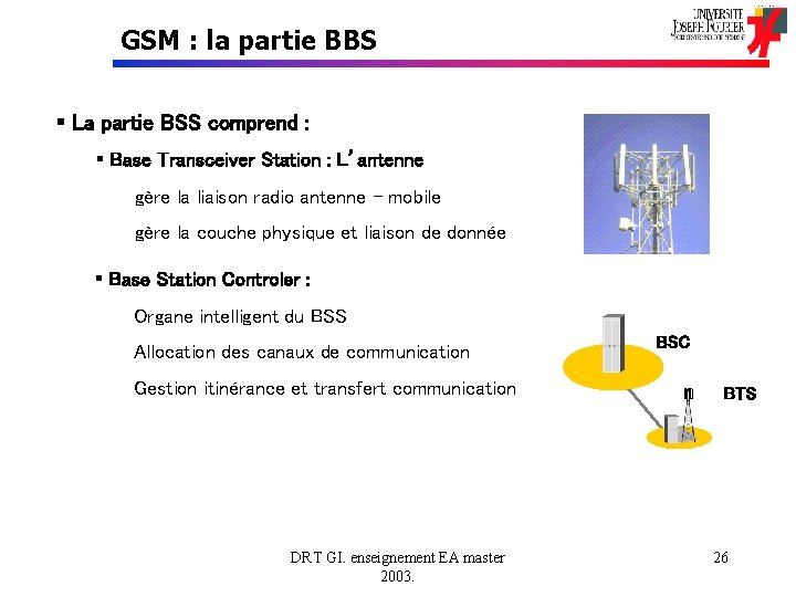 GSM : la partie BBS § La partie BSS comprend : § Base Transceiver