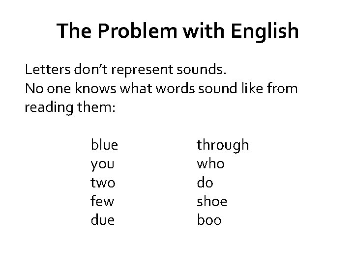 The Problem with English Letters don’t represent sounds. No one knows what words sound