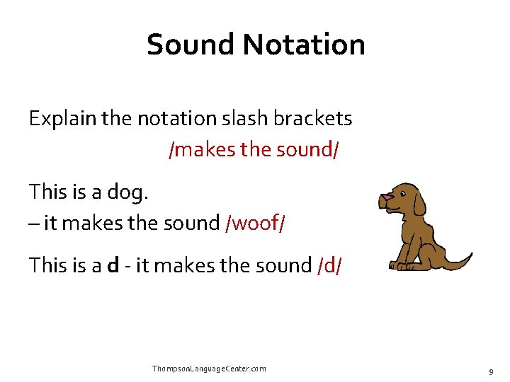Sound Notation Explain the notation slash brackets /makes the sound/ This is a dog.
