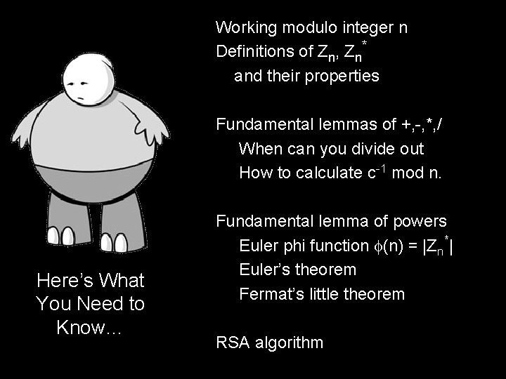 Working modulo integer n Definitions of Zn, Zn* and their properties Fundamental lemmas of