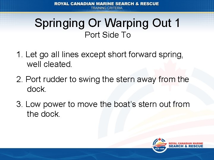 Springing Or Warping Out 1 Port Side To 1. Let go all lines except