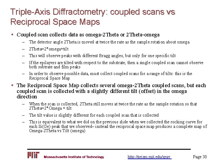Triple-Axis Diffractometry: coupled scans vs Reciprocal Space Maps • Coupled scan collects data as