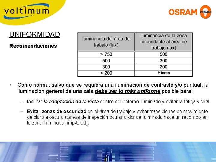 UNIFORMIDAD Recomendaciones • Como norma, salvo que se requiera una iluminación de contraste y/o