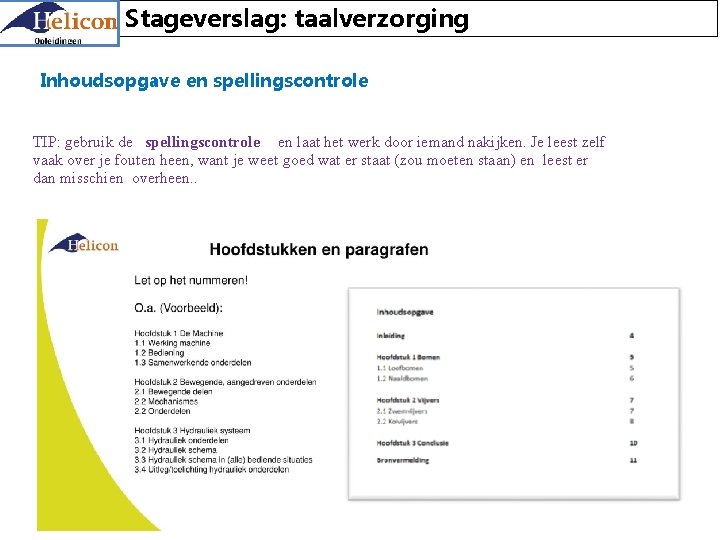 Stageverslag: taalverzorging Inhoudsopgave en spellingscontrole TIP: gebruik de spellingscontrole en laat het werk door