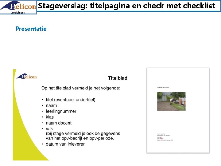 Stageverslag: titelpagina en check met checklist Presentatie 