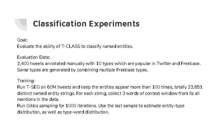 Classification Experiments Goal: Evaluate the ability of T-CLASS to classify named entities. Evaluation Data: