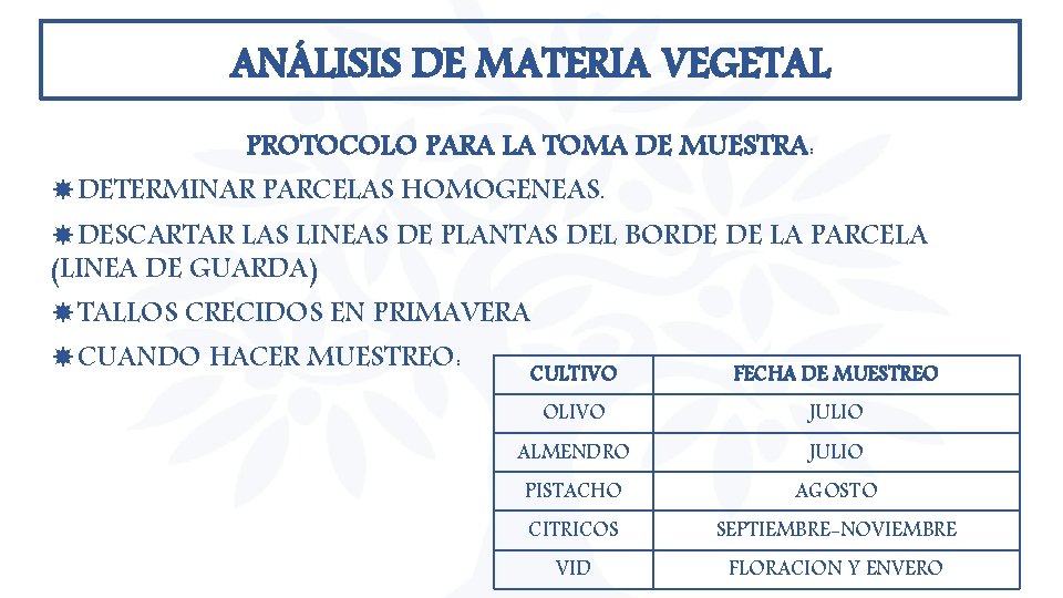 ANÁLISIS DE MATERIA VEGETAL PROTOCOLO PARA LA TOMA DE MUESTRA: DETERMINAR PARCELAS HOMOGENEAS. DESCARTAR ANÁLISIS DE MATERIA VEGETAL PROTOCOLO PARA LA TOMA DE MUESTRA: DETERMINAR PARCELAS HOMOGENEAS. DESCARTAR