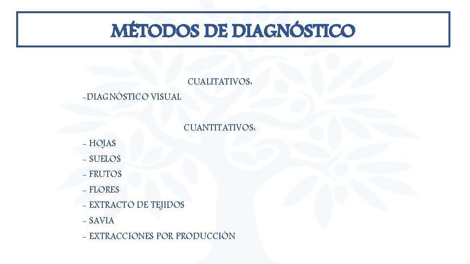 MÉTODOS DE DIAGNÓSTICO CUALITATIVOS: -DIAGNÓSTICO VISUAL CUANTITATIVOS: - HOJAS - SUELOS - FRUTOS - MÉTODOS DE DIAGNÓSTICO CUALITATIVOS: -DIAGNÓSTICO VISUAL CUANTITATIVOS: - HOJAS - SUELOS - FRUTOS -