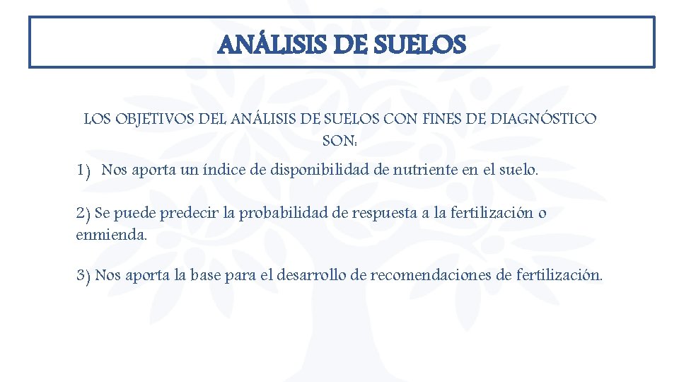 ANÁLISIS DE SUELOS OBJETIVOS DEL ANÁLISIS DE SUELOS CON FINES DE DIAGNÓSTICO SON: 1) ANÁLISIS DE SUELOS OBJETIVOS DEL ANÁLISIS DE SUELOS CON FINES DE DIAGNÓSTICO SON: 1)