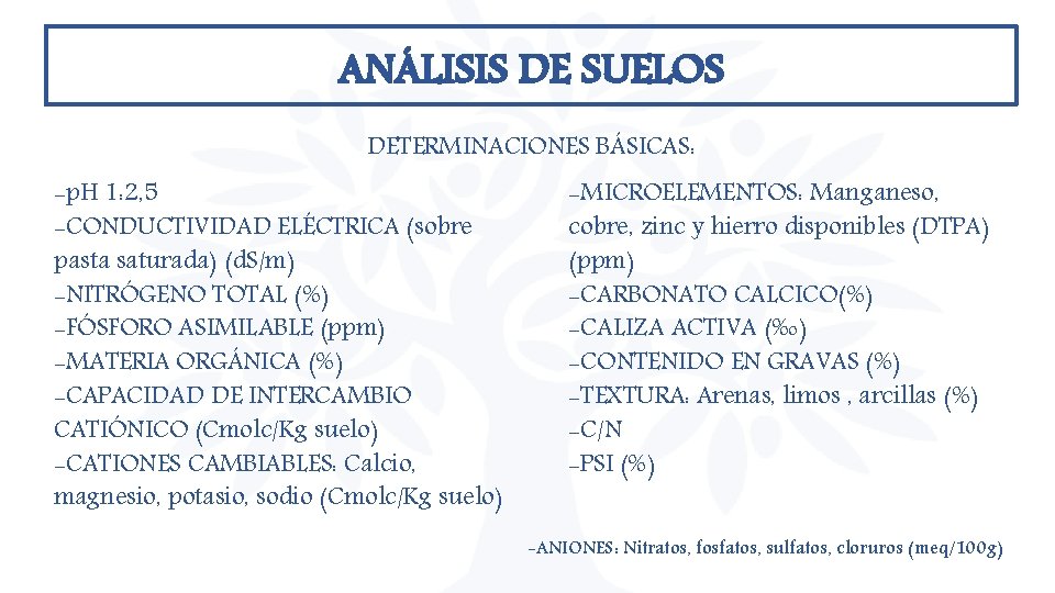 ANÁLISIS DE SUELOS DETERMINACIONES BÁSICAS: -p. H 1: 2, 5 -CONDUCTIVIDAD ELÉCTRICA (sobre pasta ANÁLISIS DE SUELOS DETERMINACIONES BÁSICAS: -p. H 1: 2, 5 -CONDUCTIVIDAD ELÉCTRICA (sobre pasta