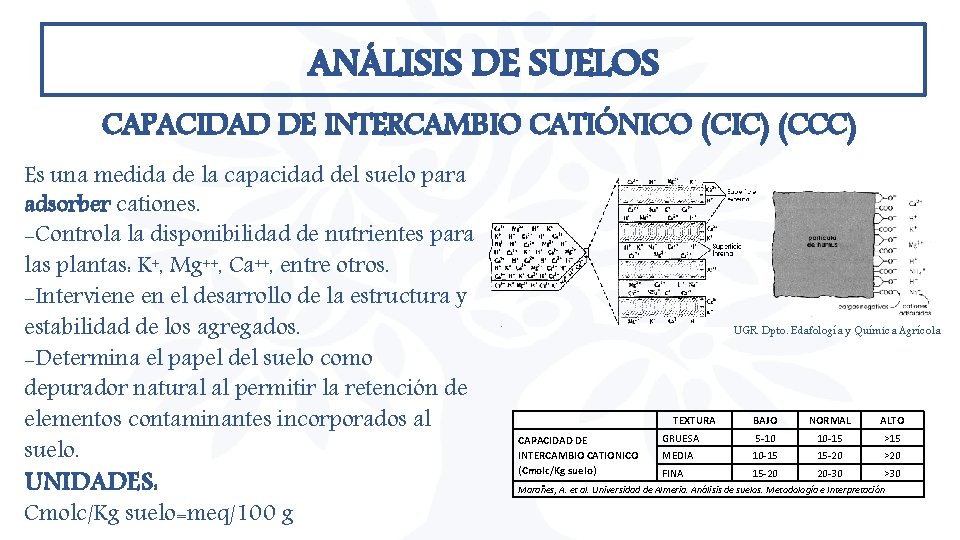ANÁLISIS DE SUELOS CAPACIDAD DE INTERCAMBIO CATIÓNICO (CIC) (CCC) Es una medida de la ANÁLISIS DE SUELOS CAPACIDAD DE INTERCAMBIO CATIÓNICO (CIC) (CCC) Es una medida de la