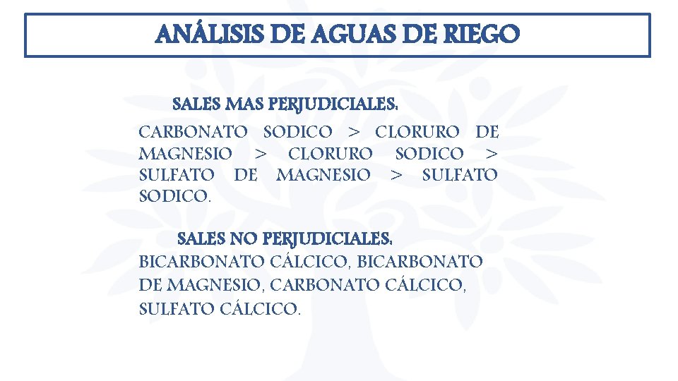 ANÁLISIS DE AGUAS DE RIEGO SALES MAS PERJUDICIALES: CARBONATO SODICO > CLORURO DE MAGNESIO ANÁLISIS DE AGUAS DE RIEGO SALES MAS PERJUDICIALES: CARBONATO SODICO > CLORURO DE MAGNESIO