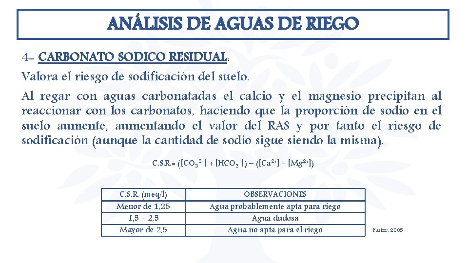ANÁLISIS DE AGUAS DE RIEGO 4 - CARBONATO SODICO RESIDUAL: Valora el riesgo de ANÁLISIS DE AGUAS DE RIEGO 4 - CARBONATO SODICO RESIDUAL: Valora el riesgo de