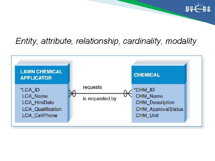 Entity, attribute, relationship, cardinality, modality 