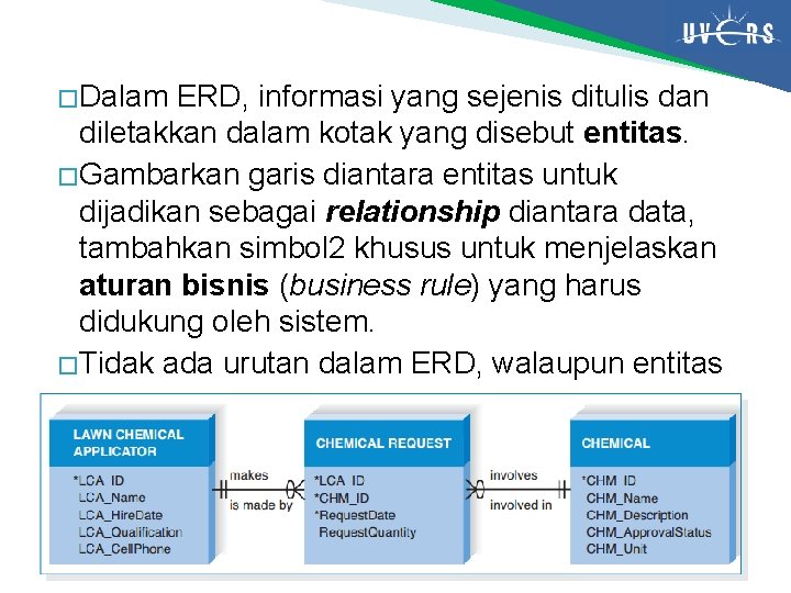 � Dalam ERD, informasi yang sejenis ditulis dan diletakkan dalam kotak yang disebut entitas.